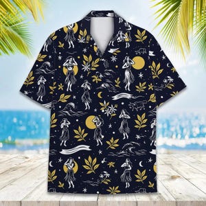 Camicia hawaiana Hula Girl, camicia Aloha Vintage Tropical Moon, camicia estiva blu navy con stampa floreale Island Wave per feste.