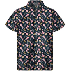 May include: A short-sleeved button-down shirt in a dark navy blue color featuring an all-over repeating pattern of light pink axolotls, yellow aquatic plants, and thin brown coral-like branches. The shirt has a classic collar and white buttons.