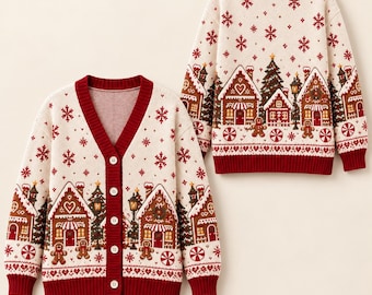 Op de afbeelding: Een crèmekleurig vest met V-hals, een rode knoopsluiting en een feestelijk patroon van peperkoekhuisjes, peperkoekmannetjes, dennenbomen, sneeuwvlokken en pepermuntjes. De boorden en de onderkant zijn afgewerkt in effen rood.
