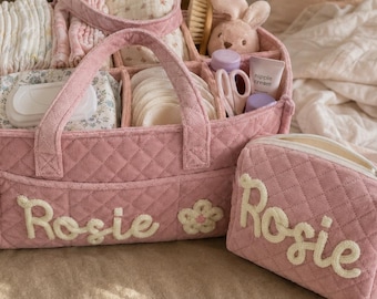 Personalized Cotton Baby Name Diaper Caddy & Pouch Set, Hand-Embroidered Custom Neborn Baby Basket, Nursery Toy Basket, Baby Shower Gift