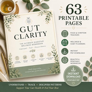 Könnte beinhalten: Ein Gut Clarity Arbeitsbuch für Verdauungswohlbefinden mit 63 druckbaren Seiten. Das Cover zeigt grüne Blattillustrationen, ein Symbol für das Verdauungssystem und Text wie Understand, Track, Discover Patterns und Small changes today, transform how you feel tomorrow.