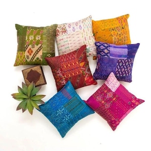 Kantha Pillow Cover,Silk Patchwork Cushion Cover 16x16, , Handmade Boho Throw Pillow,  Indian Cushion Cover, Colorful Decorative Sofa Pillow