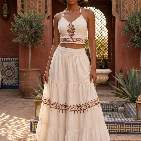 Boho Cotton Maxi Dress for Women, Tiered Embroidered Summer Dress, Sleeveless Flowy Beach Vacation Dress, Ivory Bohemian Long Dress