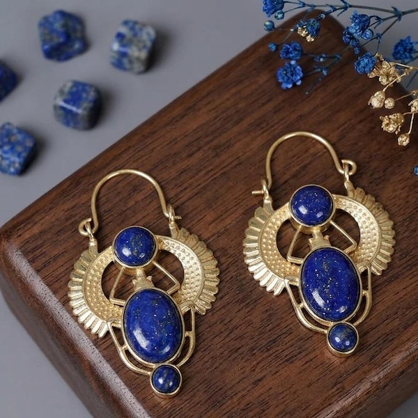 Lapis Lazuli Scarab Earrings, Egyptian Earrings, Winged Statement Dangle Earring,Blue Gemstone Jewelry, Handmade Boho Earrings, Gift for Her