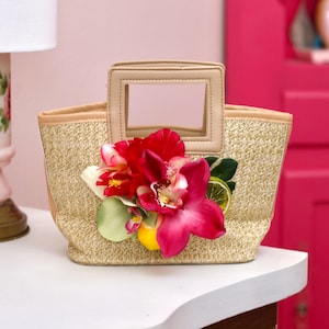 Tiki Hawaiian Flower Fruit Woven Tote Bag Purse