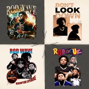 May include: A collage of four graphic designs featuring Rod Wave. The top left shows Rod Wave with the text 'ROD WAVE And Friends'. The top right features 'DON'T LOOK DOWN' with two portraits. The bottom left displays 'ROD WAVE REDEMPTION EXPERIENCE' with multiple portraits. The bottom right shows 'ROD WAVE' with three portraits.
