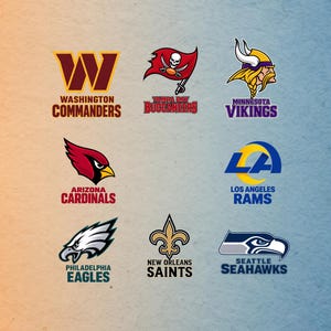 Puede incluir: Una colección de ocho logotipos de equipos de la NFL dispuestos en una cuadrícula, incluyendo los Washington Commanders, Tampa Bay Buccaneers, Minnesota Vikings, Arizona Cardinals, Los Angeles Rams, Philadelphia Eagles, New Orleans Saints y Seattle Seahawks.