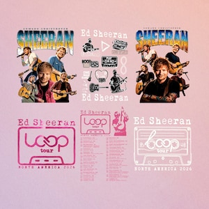 May include: A graphic design featuring multiple images of Ed Sheeran playing acoustic guitars, with the text Edward Christopher Sheeran, Ed Sheeran, and Loop Tour North America 2026. The design includes illustrations of cassette tapes, guitars, and a list of tour dates on a gradient background.