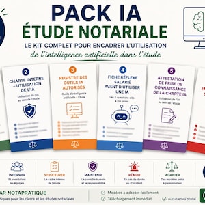 Op de afbeelding: Een digitale documentenset getiteld PACK IA ETUDE NOTARIALE met zes genummerde gidsen voor het gebruik van kunstmatige intelligentie in een notariskantoor. Elke gids bevat iconen, tekst en een weegschaalsymbool. Het onderste gedeelte toont iconen voor beveiliging, informatie, structuur, onderhoud, reactie en aanpassing, plus een PDF A4-indicator.