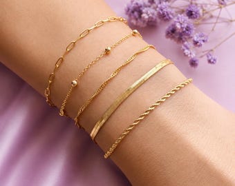 18K Gold Filled Bracelet Set, Paperclip, Herringbone, Rope, Snake Chains