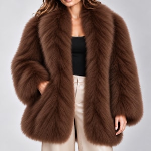 May include: A plush, dark brown faux fur jacket featuring a wide, voluminous collar and long, loose sleeves. The garment is worn over a black top and light-colored trousers, showcasing a thick, textured pile throughout the entire exterior.