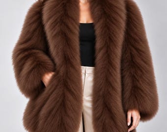 Puede incluir: Una chaqueta de piel sintética de color marrón oscuro, con un cuello ancho y voluminoso y mangas largas y holgadas. La prenda se lleva sobre una camiseta negra y pantalones claros, mostrando un pelo grueso y texturizado en todo el exterior.