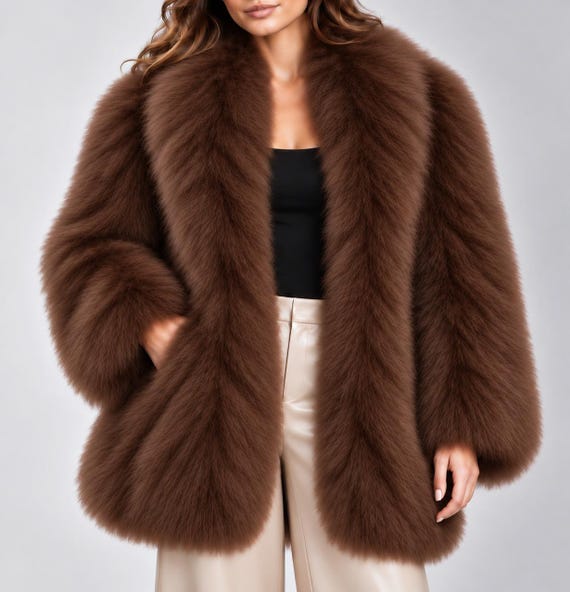 Sheepskin Coat, Brown Fur Jacket for Women, Long Pie Open Front Style, Winter Outerwear