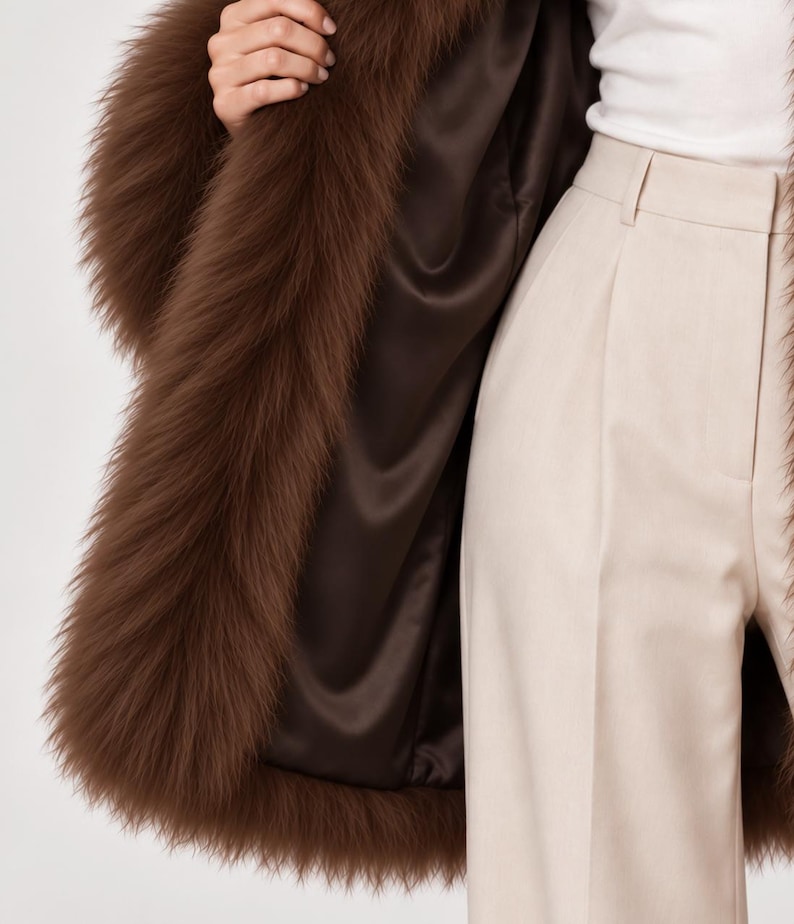 May include: A brown faux fur coat with a smooth dark brown satin lining, worn over a white top and light beige high-waisted trousers. The coat features long, dense brown faux fur trim along the front opening and a structured, tailored fit.