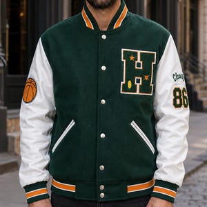 Dark Green Wool Varsity Letterman Jacket with White Faux Leather Sleeves and Embroidered Patches