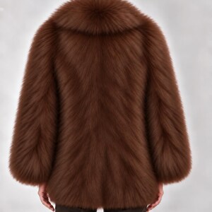 May include: A long-sleeved, hip-length jacket in a rich, deep brown color. The garment features a thick, plush, textured pile throughout the entire exterior, including a wide, rounded collar that frames the neck area, creating a voluminous silhouette.