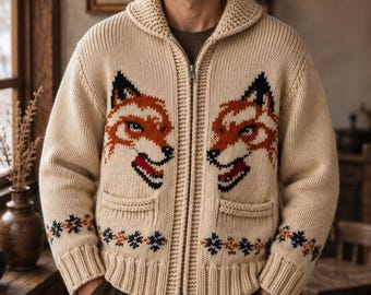 Fuchs-Cardigan, nordischer Fair-Isle-Pullover, Winter-Cardigan mit Reißverschluss und Schalkragen, rustikale Waldstrickwaren