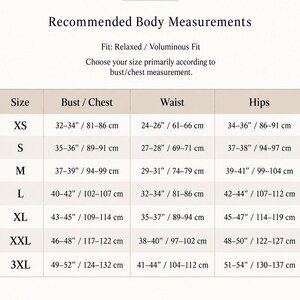 May include: A size chart titled Recommended Body Measurements with a relaxed and voluminous fit note. The table lists sizes XS through 3XL with corresponding bust, chest, waist, and hip measurements in both inches and centimeters for garment sizing.
