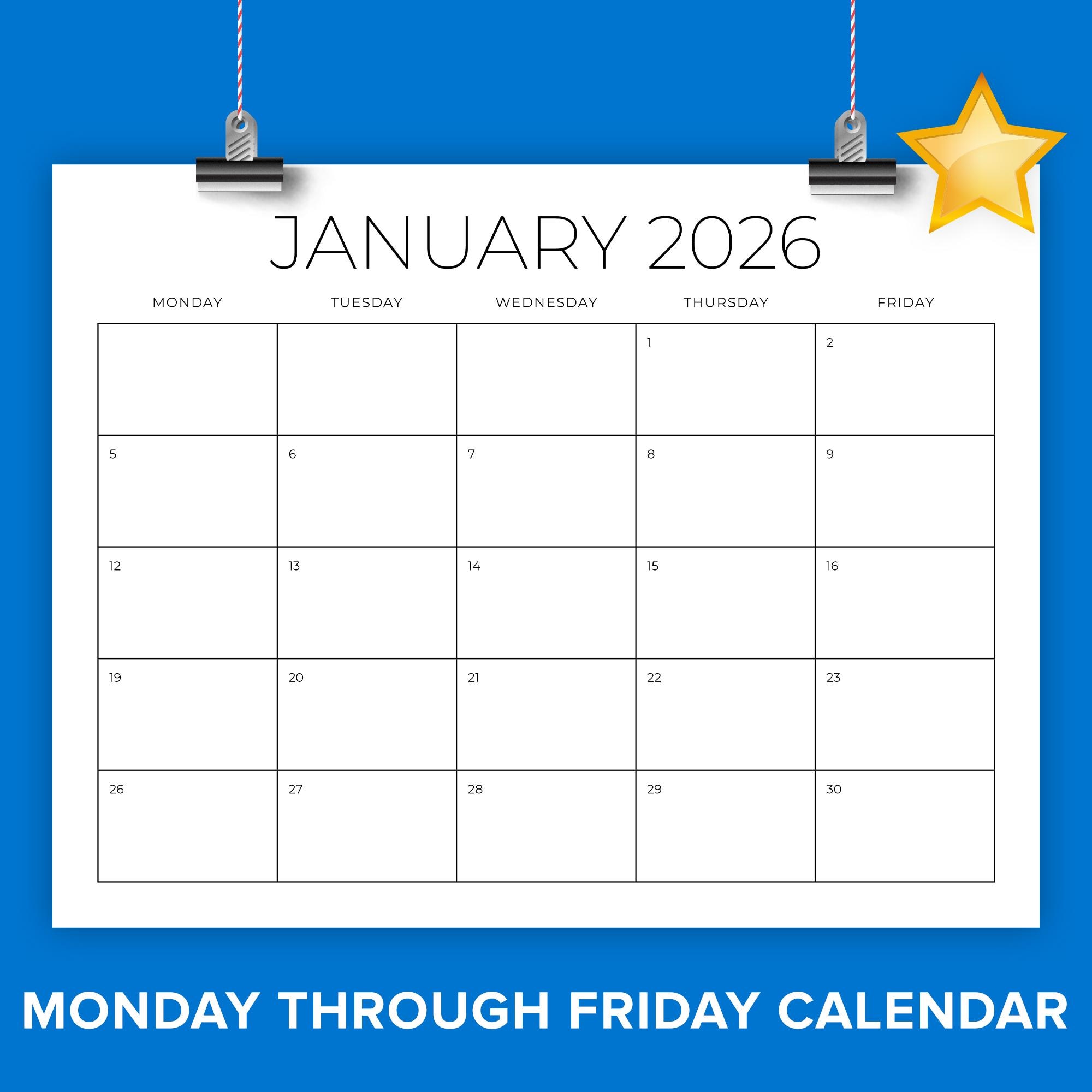 SALE 2026 8.5 X 11 Inch Monday to Friday Calendar Template | INSTANT ...