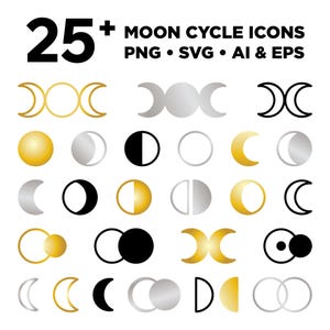 Moon Cycle Icons Clip Art Set, PNG, SVG, VECTOR, Black, White, Silver, Gold, Astrology, Moon Signs, Moon Symbols, Eclipse, Moon Phases