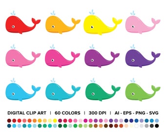 Baby Whale Clip Art Set, PNG, SVG, VECTOR, Ocean Clipart, Nautical Clipart, Whale Svg, Whale Clipart, Ocean Animal, Nursery Clipart