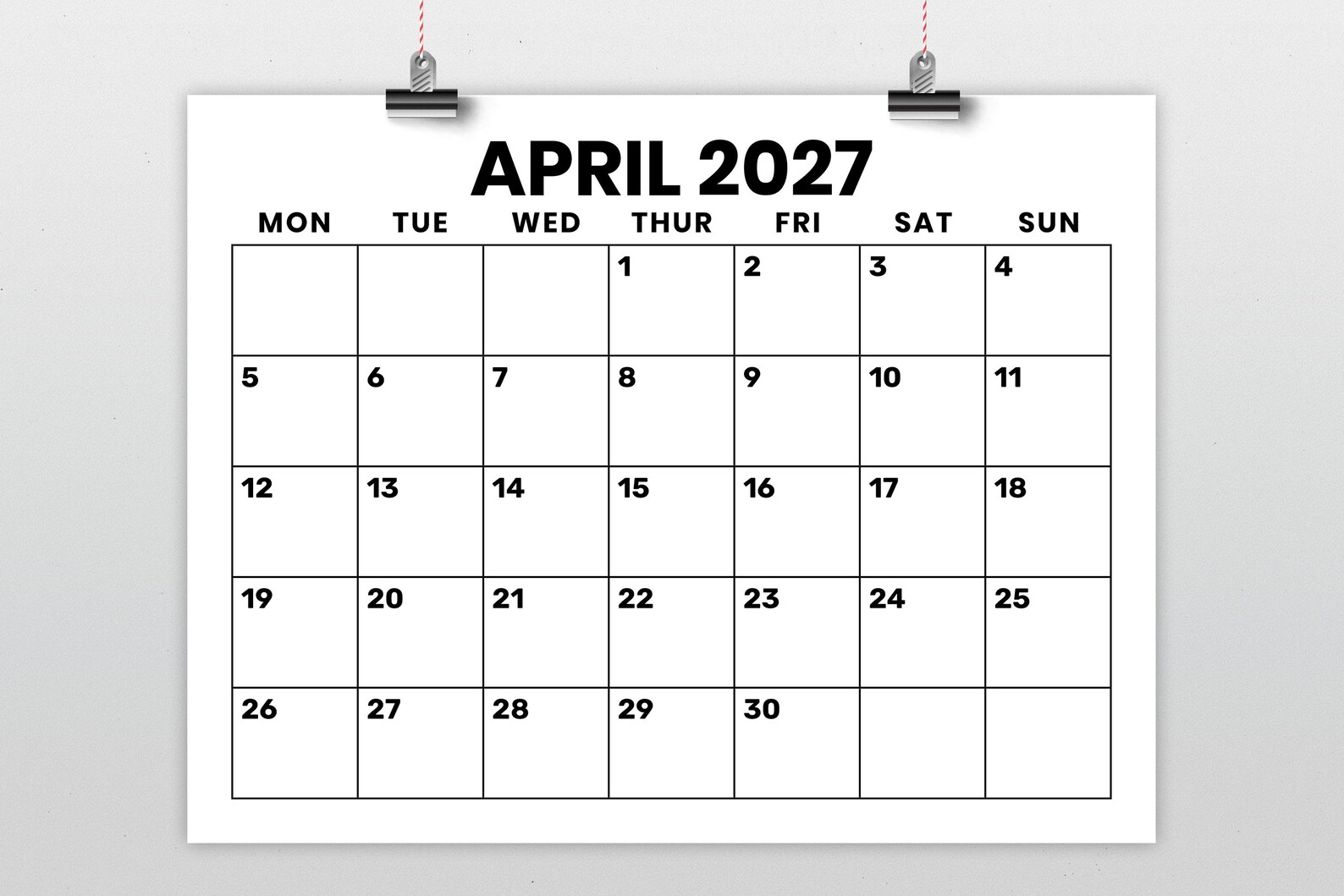 2027 8.5 X 11 Inch Large Number Mon-sun Calendar Template | INSTANT ...