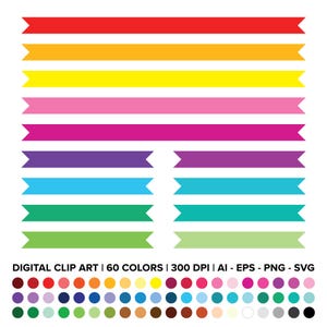 May include: A set of 60 colorful digital clip art banners. The banners are in various colors, including red, orange, yellow, green, blue, purple, and pink. The banners are 300 DPI and are available in AI, EPS, PNG, and SVG formats.