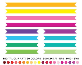 Op de afbeelding: Een set van 60 kleurrijke digitale clip art-banners. De banners zijn in verschillende kleuren, waaronder rood, oranje, geel, groen, blauw, paars en roze. De banners zijn 300 DPI en zijn beschikbaar in de formaten AI, EPS, PNG en SVG.