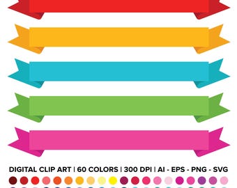 Op de afbeelding: Een verzameling kleurrijke digitale clip-art linten in rood, geel, blauw, groen en roze. De afbeelding bevat een verscheidenheid aan kleurstalen en de tekst "DIGITAL CLIP ART | 60 COLORS | 300 DPI | AI - EPS - PNG - SVG."
