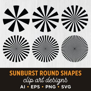 Peut inclure: Six motifs circulaires en forme d'éclat de soleil disposés sur deux rangées. Chaque forme présente des lignes noires rayonnantes d'épaisseurs et de fréquences variées sur un fond blanc. Le texte SUNBURST ROUND SHAPES clip art designs AI EPS PNG SVG figure en bas.