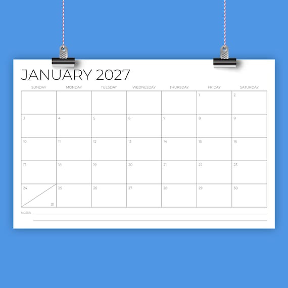 January 2027 Printable Calendar with a Sleek Minimalist Design 2 2027 11x17 Calendar Template | INSTANT DOWNLOAD | Thin Sans ...