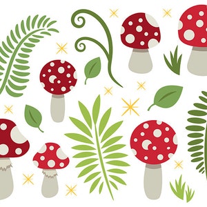 Puede incluir: Conjunto de ilustraciones caprichosas con setas rojas con lunares blancos, hojas verdes y frondas de helechos. El dise&ntilde;o incluye acentos de estrellas amarillas, creando un tema l&uacute;dico y natural, ideal para diversos proyectos de manualidades.