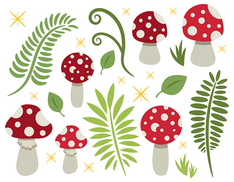 Puede incluir: Conjunto de ilustraciones caprichosas con setas rojas con lunares blancos, hojas verdes y frondas de helechos. El dise&ntilde;o incluye acentos de estrellas amarillas, creando un tema l&uacute;dico y natural, ideal para diversos proyectos de manualidades.