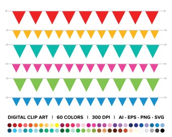 Single Color Triangle Banner Clip Art Set, PNG, SVG, VECTOR, Triangle Flag Banner, Triangle Bunting Banner, Party Banner Clipart, Straight