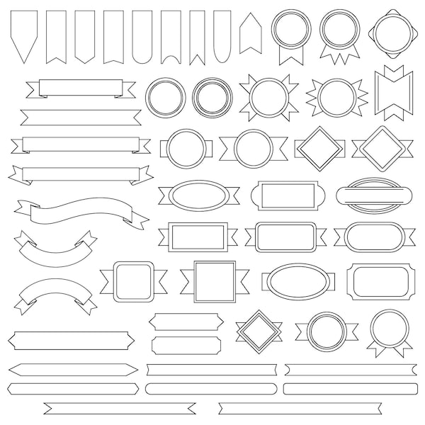 Outline Badge & Banner Clip Art Set, PNG, SVG, VECTOR, Transparent Borders, Label Clipart, Ribbons, Scrolls, Awards