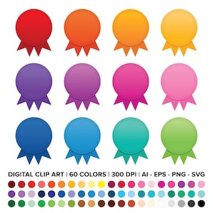 Könnte beinhalten: Eine Sammlung farbenfroher digitaler Clip-Art-Abzeichen in verschiedenen Farbtönen, darunter Rot, Orange, Gelb, Lila, Pink, Blau und Grün. Jedes Abzeichen hat ein kreisförmiges Design mit einem Band am unteren Rand. Der Text "DIGITAL CLIP ART | 60 COLORS | 300 DPI | AI - EPS - PNG - SVG" ist ebenfalls enthalten.