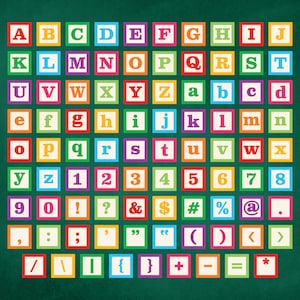 May include: A vibrant alphabet and number chart featuring letters A-Z, numbers 1-9, and symbols. Each character is in a square with a different coloured border and a white background. The background is a dark green.
