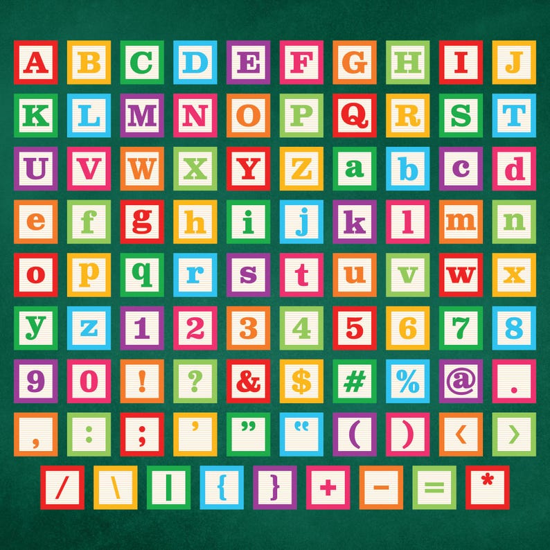 May include: A vibrant alphabet and number chart featuring letters A-Z, numbers 1-9, and symbols. Each character is in a square with a different coloured border and a white background. The background is a dark green.