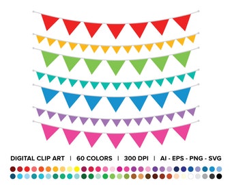 Single Color Triangle Banner Clip Art Set | PNG SVG VECTOR Flag Bunting Party Graphic | Digital Vector Border | Personal or Commercial Use