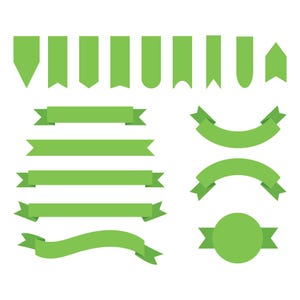 May include: A collection of green ribbon and banner designs in various shapes. The image features a variety of flat, solid green ribbons, banners, and tags, including straight, curved, and circular shapes, all against a white background.