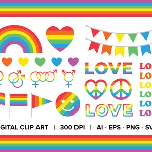Ensemble de cliparts amour et fierté arc-en-ciel, PNG, SVG, VECTEUR, coeur, bannière, visage souriant, drapeau arc-en-ciel, été, célébration, paix, coeur arc-en-ciel