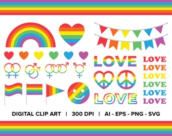 Rainbow Love & Pride Clip Art Set, PNG, SVG, VECTOR, Heart, Banner, Smile Face, Rainbow Flag, Summer, Celebration, Peace, Rainbow Heart