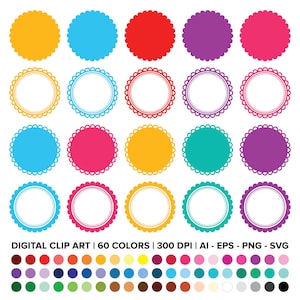 Puede incluir: Un gráfico de imágenes prediseñadas digitales con círculos y marcos festoneados de colores. La imagen incluye una paleta de 60 colores, con texto que indica los formatos de archivo: AI, EPS, PNG y SVG. El diseño es adecuado para varios proyectos creativos.