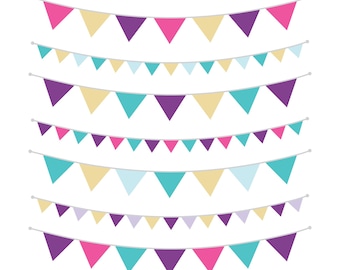 Lila Gold Pink & Teal Bunting Banner Clip Art Set, PNG, SVG, VEKTOR, Flaggenbanner, hängende Flaggenbanner, Banner Clipart, Partybanner
