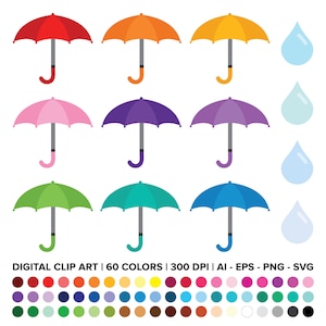 Umbrella Clip Art Set, PNG, SVG, VECTOR, Rainy Day Clip Art, Parasol Clip Art, Raindrop Clip Art, Umbrella Svg, Rain Svg, Childrens Clip Art