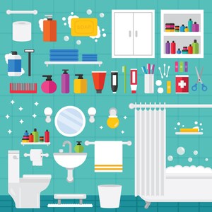 May include: A flat illustration of a bathroom with various toiletries and fixtures. Includes a toilet, sink, mirror, shower curtain, and shelves with bottles and tubes. A bar of soap, towels, and a razor are also visible. The color scheme is primarily teal, white, and various shades of red, yellow, and purple.