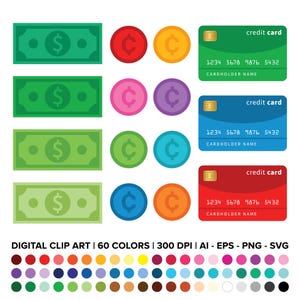 Set di clip art per dollari, centesimi e carte di credito, PNG, SVG, VETTORE, simbolo dei soldi, icona dei soldi, chip della carta di credito, contanti, banconote, monete, icone di vendita al dettaglio