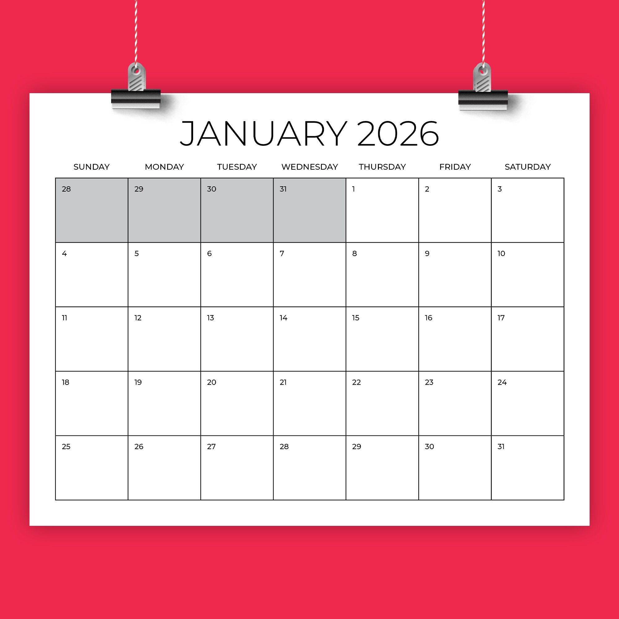 2026 8.5 x 11 Inch Calendar Template | INSTANT DOWNLOAD | Modern Thin Sans Serif Type Monthly Printable Desk Wall Calender | Print Ready