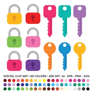 Lock & Key Clip Art Set, PNG, SVG, VECTOR, Padlock, Open Lock, Closed Lock, Round Key, Square Key, House Keys, Square Lock, Lock Collection