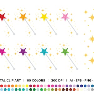 Ensemble de Clip Art Baguette magique fée étoile magique, PNG, SVG, VECTOR, Clipart paillettes, clipart étincelle, princesse magique, Clipart baguette magique, baguette étoile